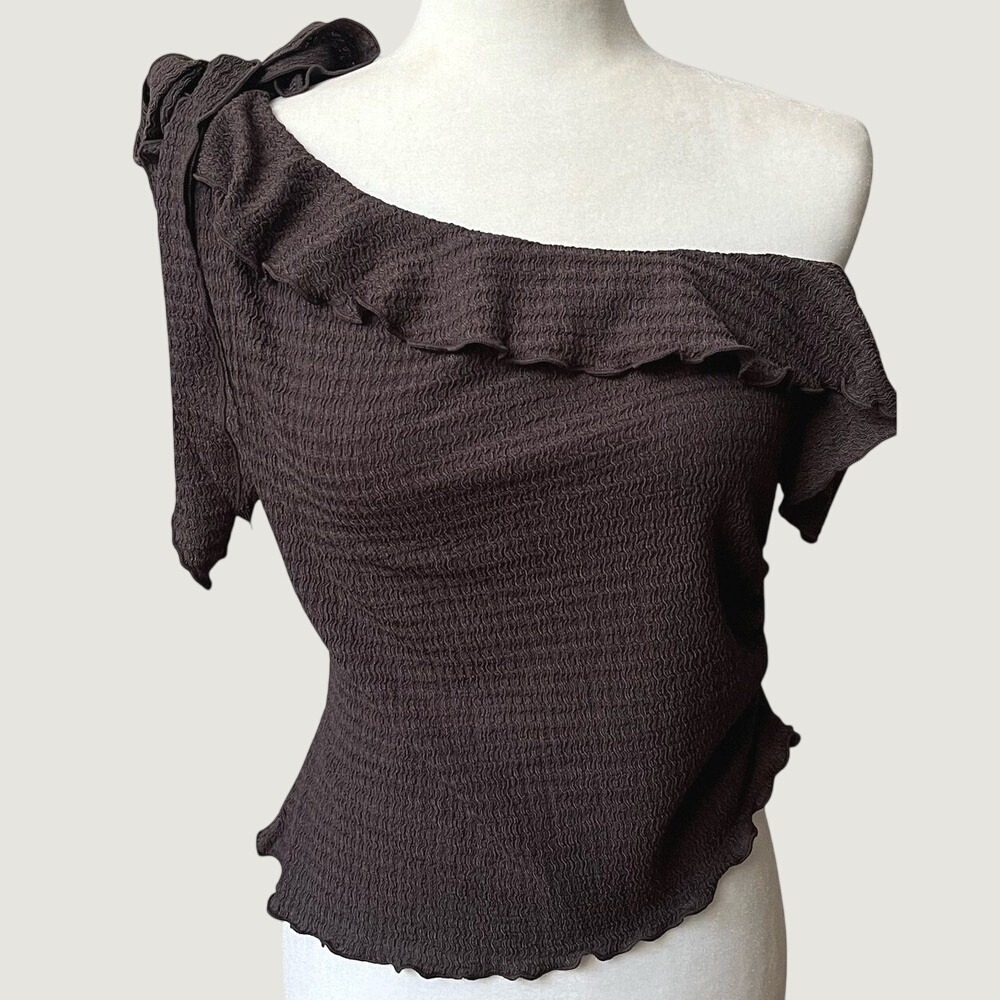 Wild Fable One Shoulder Top Womens Medium Brown Ruffle Stretchy Feminine NWT